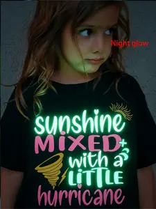 Creative girls' T-shirt featuring cute cartoon designs and text, with patterns that glow in the dark.