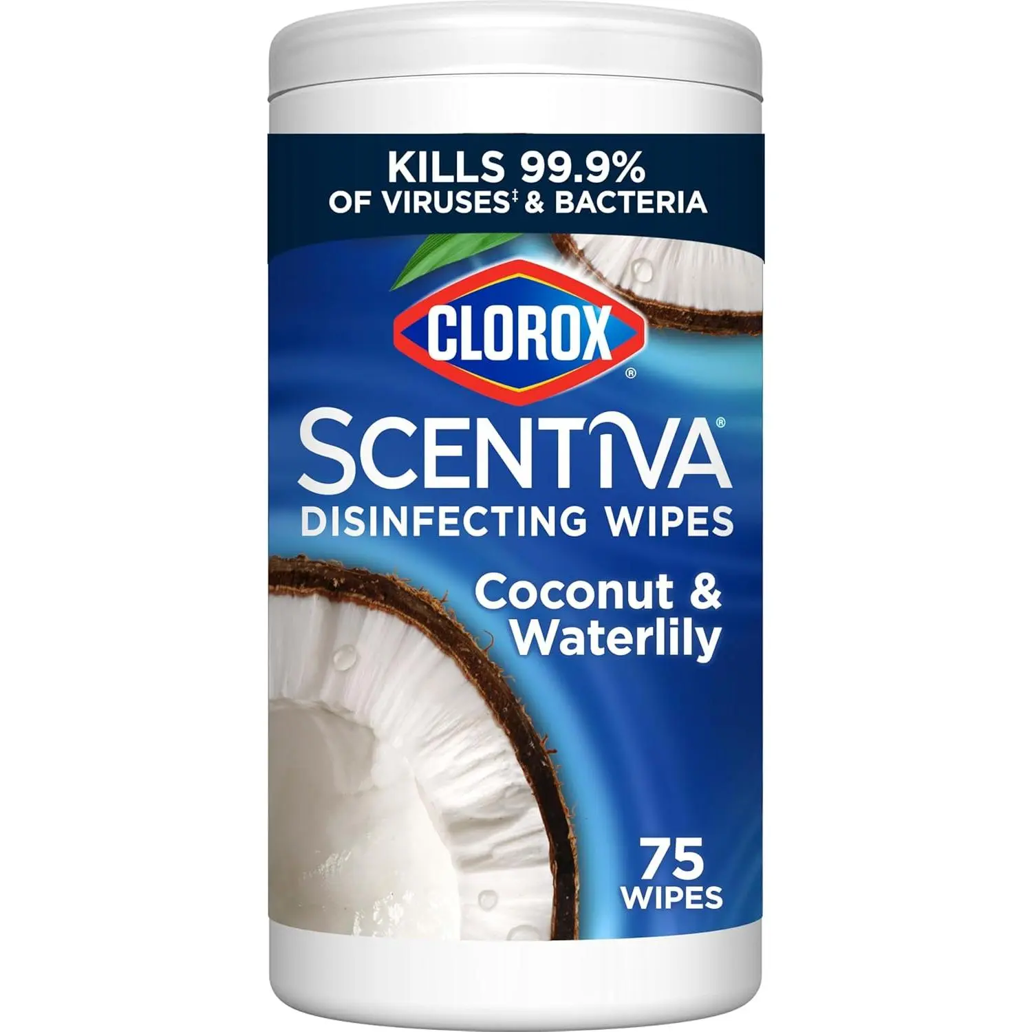 Clorox Scentiva Bleach-Free Disinfecting Wipes - Coconut & Waterlily Scent, Antibacterial, Kills Germs, 75-Count Canister Home Care Household Cleaner, Daily Use