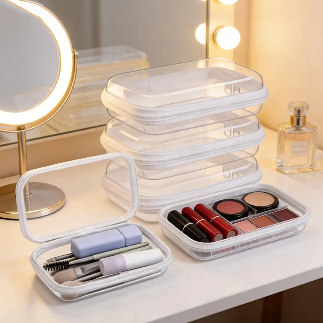3pcs Set of Large White Transparent Hard Shell Zipper Boxes Durable Plastic Board Item Organizer Suitable for storing cables, crafts, cosmetics, and Christmas decorations 3-piece zippered storage box set
