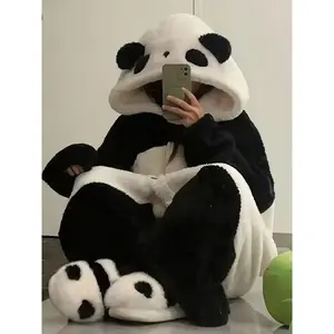 2025 1 Piece Women's Cute Panda Hoodie Pajamas - 100% Polyester Coral Fleece Pajamas, Thick Plush Robe, Cartoon Animal Costume Loungewear Clothes Fabric Nightwear Womenswear Knitting Onesies Printed Solid Gamis Homewear Pjs Long S
