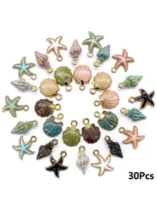 30 Piece Ocean Star Shell Metal Gold Plated Enamel Pendants, DIY Jewelry Making Supplies, DIY Jewelry Accessories, Sea Life Themed Charms for Crafting
