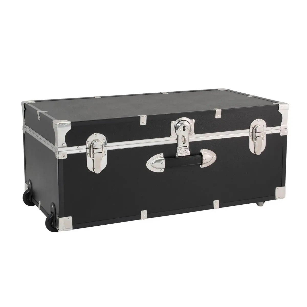 212 MAIN 30 in. Seward Explorer Trunk with Wheels, Lock, Black Vinyl & Stainless Steel Organizer Storage Box, Room-Friendly Metal-Wooden Travel-Ready Container for Lockdown Use