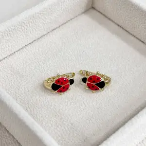 Lady Bug Stud Earrings Gold Plated 14k - Red Enamel Design in Gold Finish Jewelry Accessory