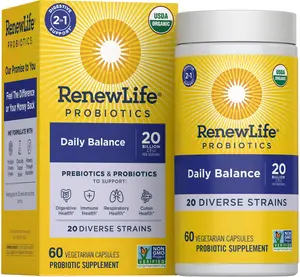 Renew Life Daily Balance Probiotic 60 CT - 20 Billion CFU, 20 Diverse Strains, Digestive & Immune Health Support, USDA Organic, Edible Supplement - Healthcare