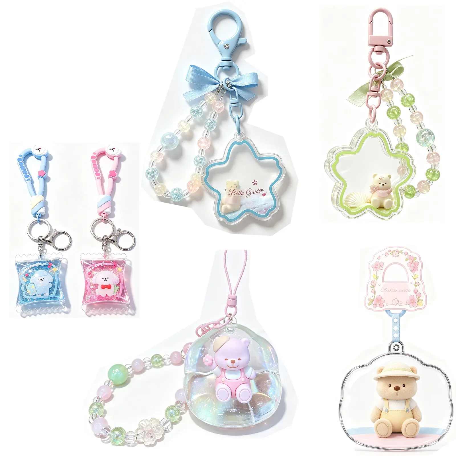 5Pcs Cute Floating Quicksand Bear Keychain Set, Kawaii Liquid Acrylic Pendant with Beaded Strap, Portable Bag Charm Key Ring for Backpack Car Handbag Decor