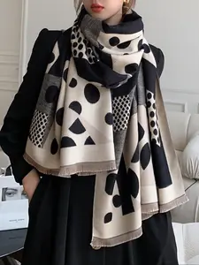 Women's Polka Dot Pattern Tassel Detail Scarf, Neck Scarf, Casual Soft Warm Shawl for Fall & Winter, Fashion Accessories for Daily Wear, Tassel Decor Shawl, Fringe Trim Shawl