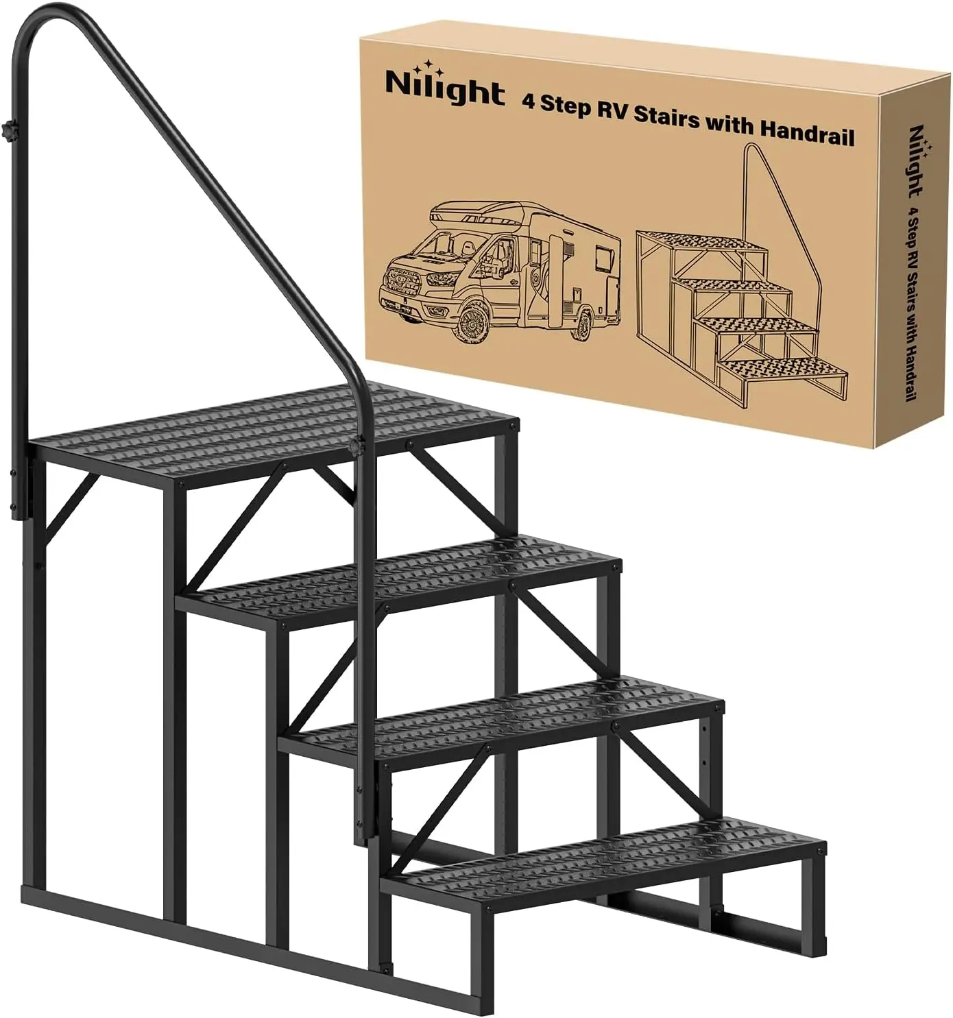 Nilight RV Steps with Handrail, 2/3/4 Steps Hot Tub Steps Outdoor RV Stairs Step Portable Mobile Motor Home Stairs for Camper Travel Trailers Dock Entry Steps 5th Wheel RV Porch with Anti-Slip Handrail