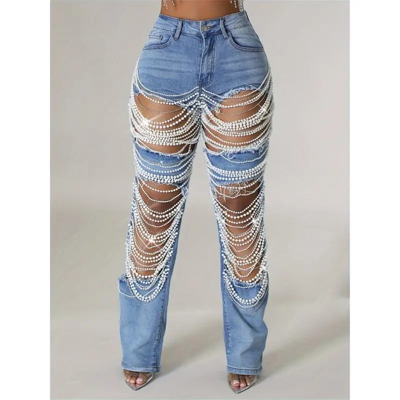 New[Mid-Rise Distressed Ripped Jeans] Straight Leg Jeans for Women Mid-Rise Distressed Ripped Hole Pearl Chain Boyfried Denim Pants
