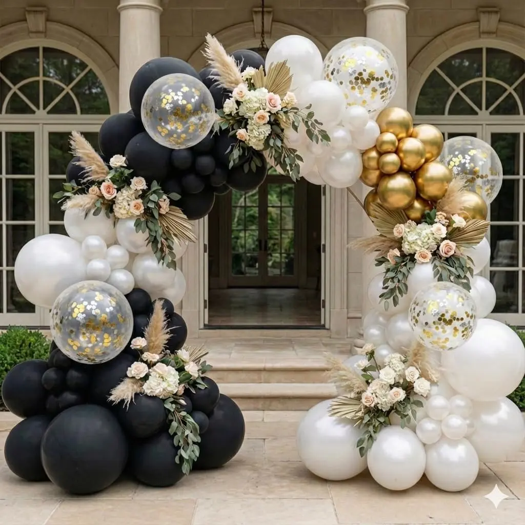 Black Pearl Gold Double-Stuffed Balloon Arch Kit - 101 Pearl White, Black, Gold Balloons Garland Kit for Graduation 2026, Wedding Decorations, Balloon Arch Balloons, Festive Balloons