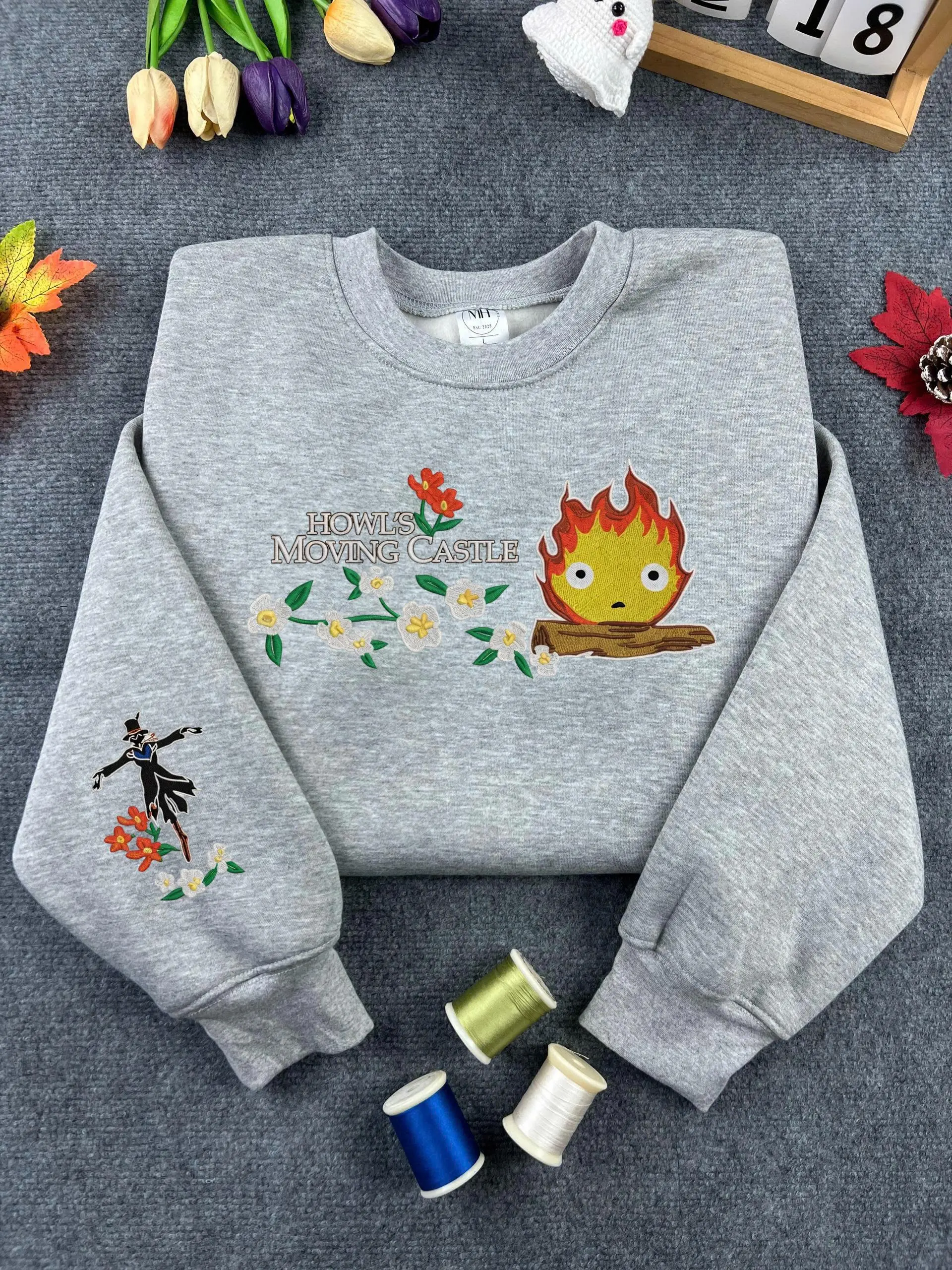 Calcifer Embroidered Sweatshirt Hoodie, Howl’s Moving Castle Ghibli Anime Crewneck, Cozy Fantasy Unisex Gift.