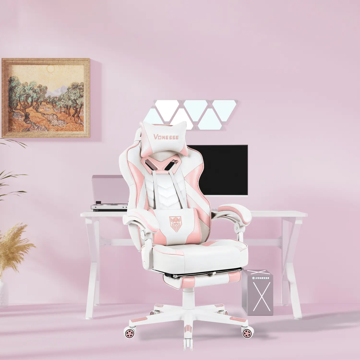 Vonesse Pink Gaming Chair Adult Gaming Chair Girls' Computer Gaming Chair with Footrest Office Swivel Ergonomic Racing Style Reclining Gaming Computer Chair with Massage Function High Back Adjustable Height