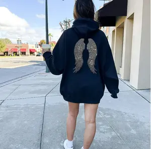 Angel Wings Rhinestones Hoodie, Silver Rhinestones Angel Wings Black Zip Up Hoodie, Rhinestones Wings Black Zipper Hoodie, Blings Hoodie