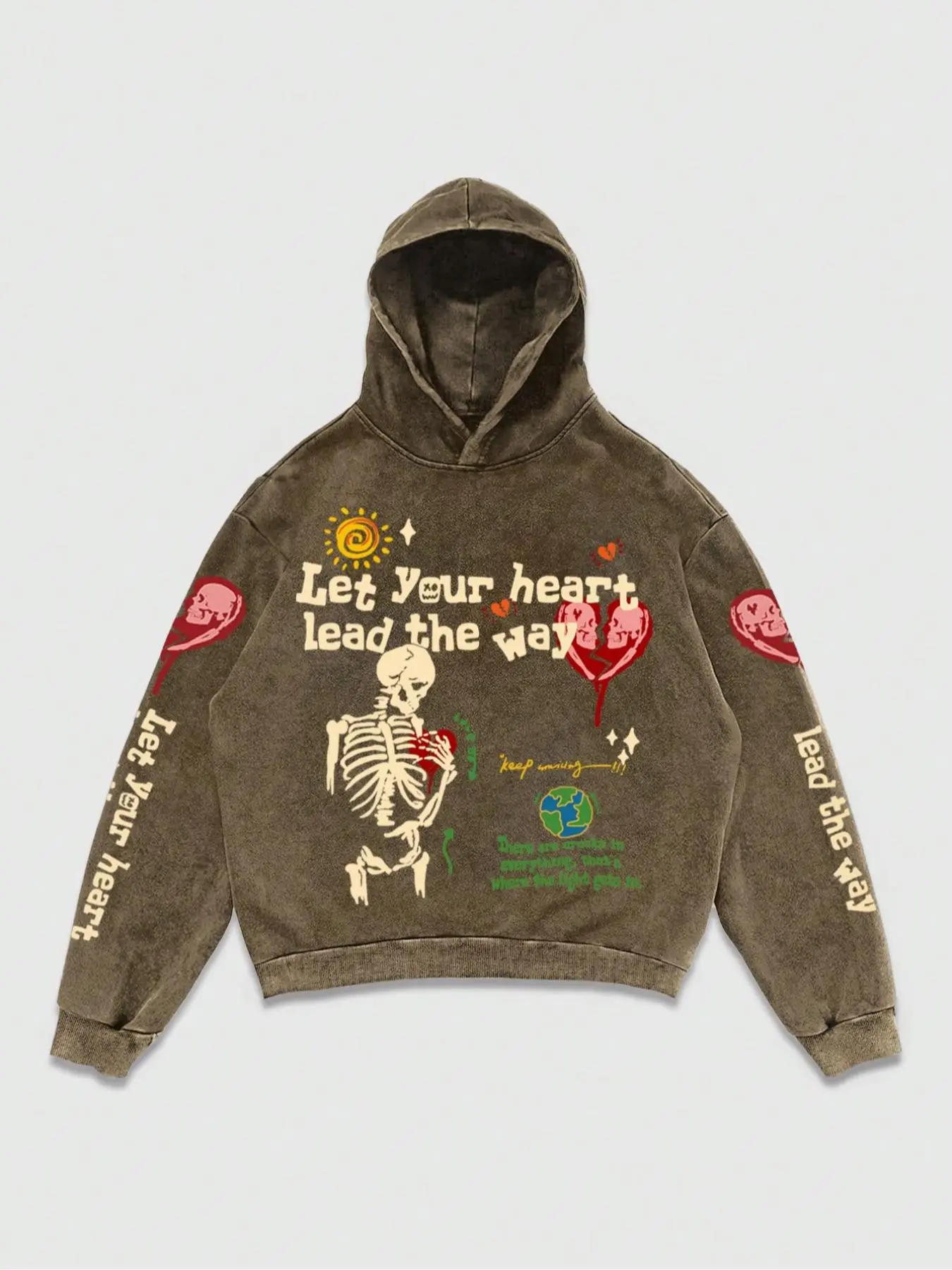 Men's Skeleton & Heart & Slogan Print Hoodie, Regular Fit Casual Graphic Long Sleeve Hooded Sweatshirt for Spring & Fall, Fashion Men's Top for Daily Wear, Cotton, Casual Streetwear Sweatshirt
