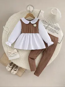 Girls' Knit Patchwork Doll Collar Top & Pants Set, Fashion Clothes Set, Vintage Girly Clothes, Autumn Winter Casual Two-Piece Outfit, Comfortable Kids Clothing for Daily Wear, Clothing Sets