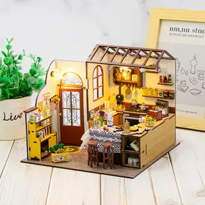 Wooden DIY Kitchen House Model Kit, Miniature Scene Building Decoration, Creative Gift for Ages 14+, Includes English Instructions, Miniature Cooking Set