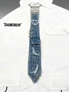 Y2K Women's Denim Bow Tie, Metal Buckle Chain Vintage Distressed Edges, Unique Personalized Fashion Accessory, Casual Boho Tie