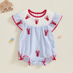 Imcute Newborn Infant Baby Girl Smocked Onesie Bodysuit Summer Lobster Embroidery Sleeveless Striped Crawfish Embroidered Bubble Romper