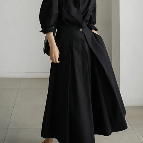 Long Sleeves Loose Buttoned Solid Color Lapel Midi Dresses