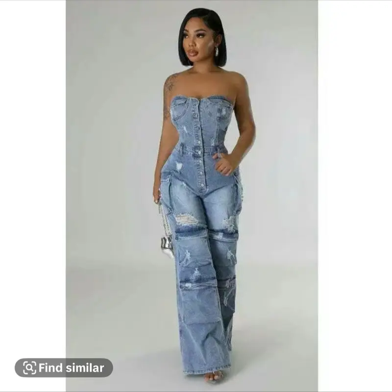 Women's Denim Cargo Jumper, Summer Vacarion Flare Jumpsuit, Casual Style, Versatile Design, Ideal for Summer Wear - Overalls, Womenswear Rompers Pocket Comfort Fitted