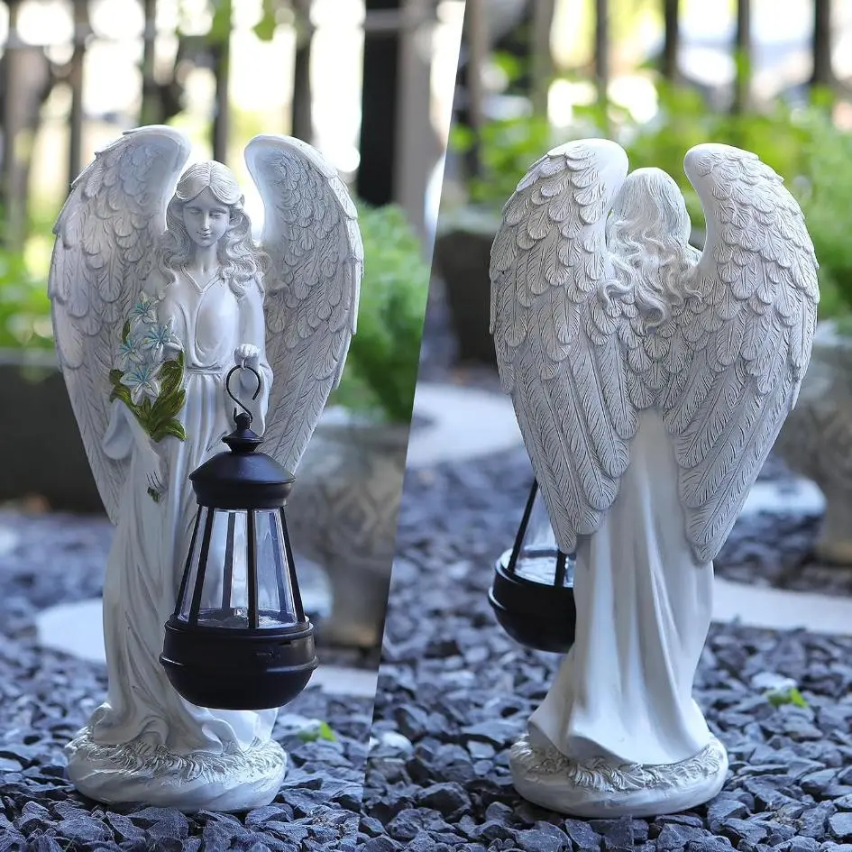 Solar Powered Waterproof LED White Resin Angel Garden Statue - Flower Bouquet-Holding Figurine, Sympathy Gift for Outdoor Memorial, Patio Lawn Home Improvement Garden Decor Supplies with Illumination, Sympathy Gifts