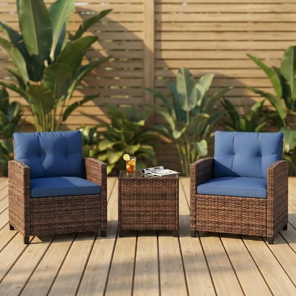 Modern 3-Piece Gradient Rattan Bistro Set – Compact Outdoor Wicker Chairs & Table for Balcony, Porch & Garden