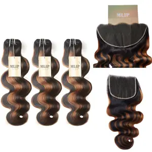 MLIP Body Wave Human Hair Bundles with 5x5 HD Lace Closure, 3 Raw Indian Weave Extensions, Black Brown Highlight, Silky Soft, Thick, No Tangling Natural Looking Hair