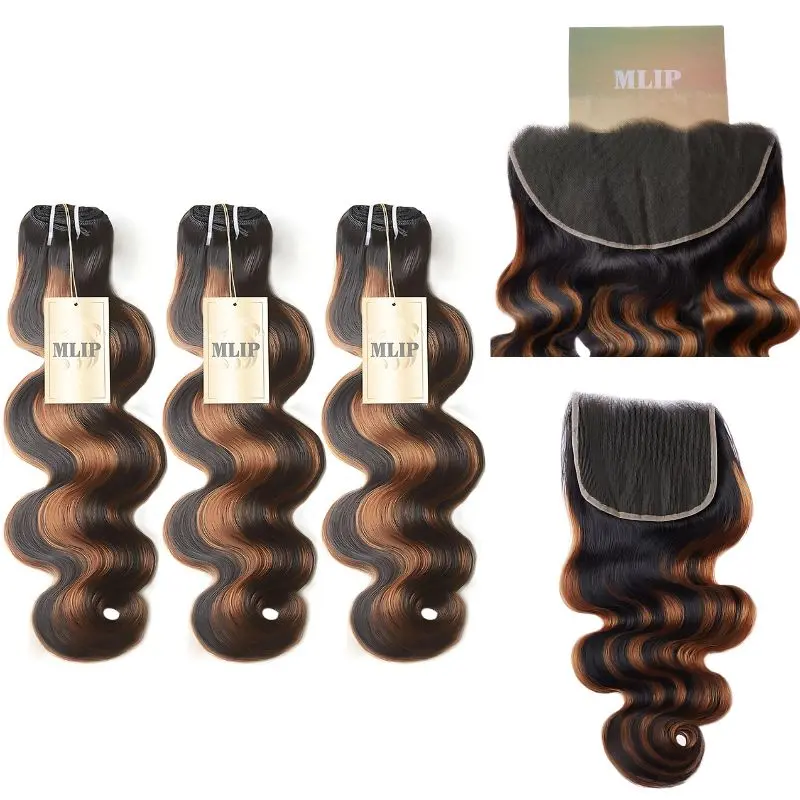 MLIP Body Wave Hair Bundles, Raw Indian Weave Extensions for Women in Brown Highlight, Thick, Tangle-Free, Natural Looking Hair, Gift Ideas, Wavy, Mother's Day, Birthdays, Female, Fragrance Free, Gift-Ready, Double Wefts, Great As A Gift