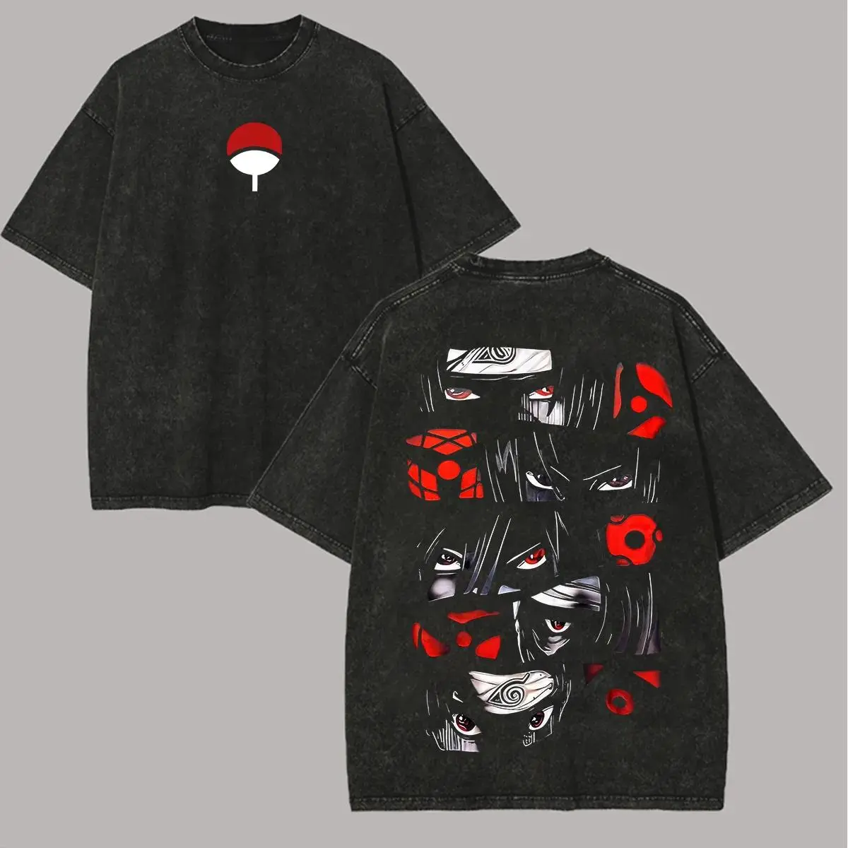 Uchiha Sharingan T Shirt Naruto Men Acid Wash Back Print Eyes Anime Graphic Cotton Streetwear Sasue Itachi Vintage Bootleg Tee