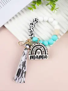 Mama Theme Rainbow Beaded Wrist Keychain, Leopard Print Design, Perfect Gift for Mom, Friends, Mother's Day Present