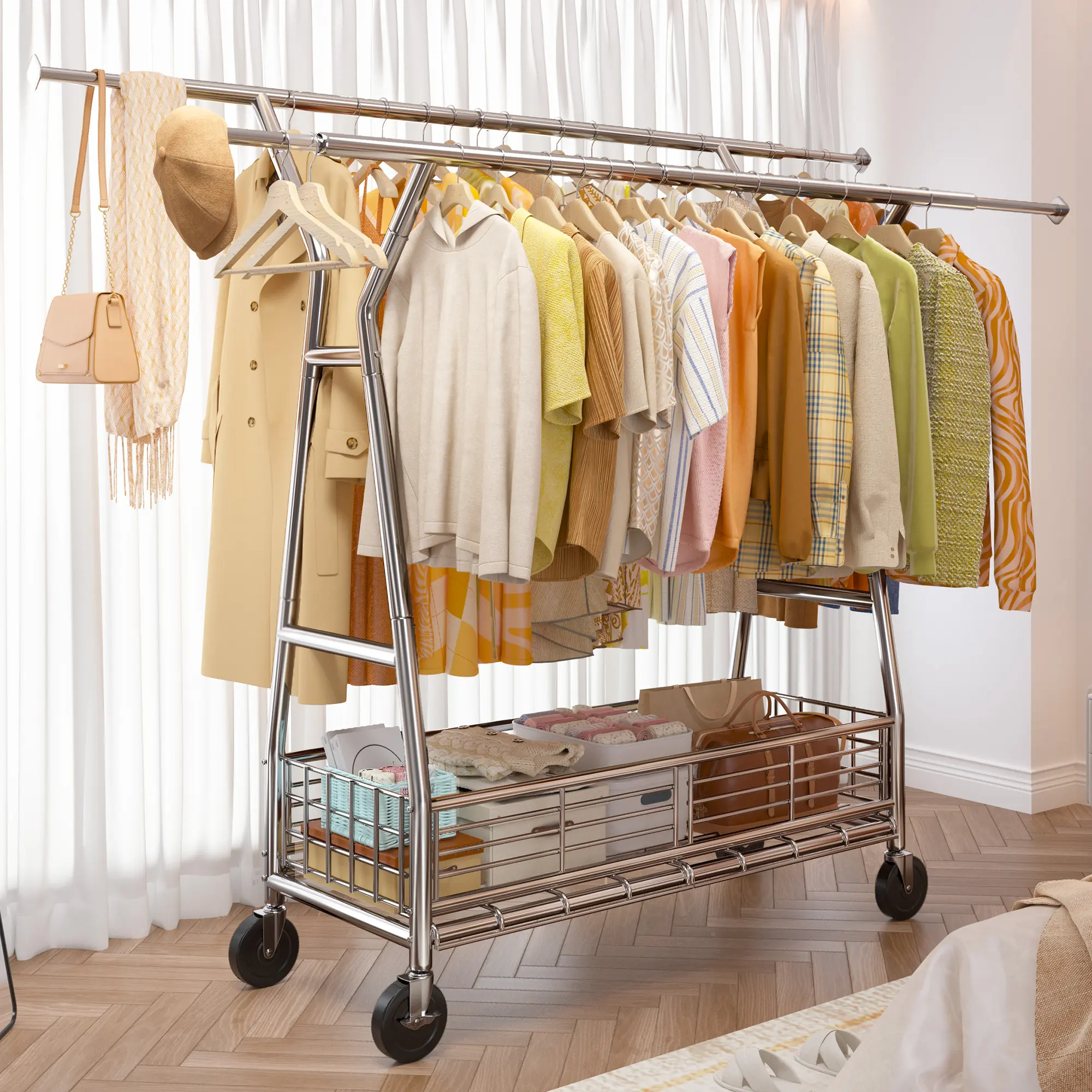 Raybee Heavy Duty Clothes Rack With Wheels , Clothing Racks for Hanging Clothes Up to 630LBS, Double Rods with Storage Basket, Portable Garment Rack for Heavy Clothes, Bedroom,Laundry, Closet, Commercial
