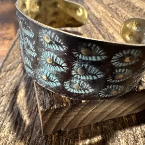 Handcrafted Artesian Boho Brass Patina Bracelet - Aqua On Brown Teardrops, Adjustable, Gift Box