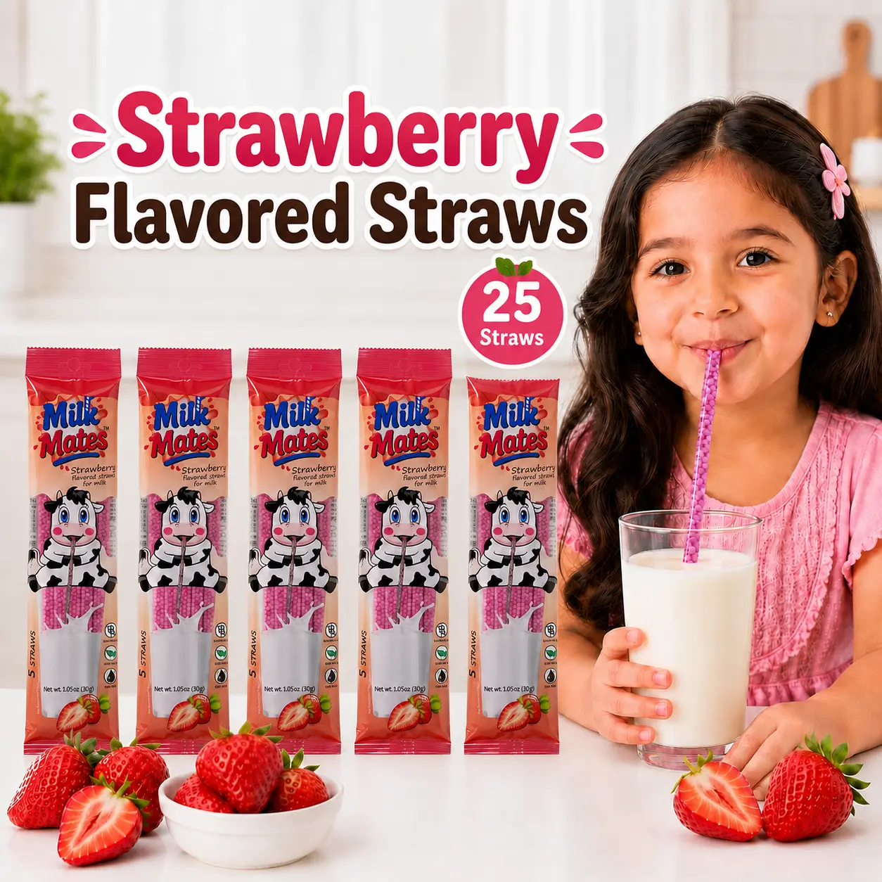 Strawberry Milk Mild Flavor Straws for 7 oz Glass of Milk– 25 Straws Total (5 Packs, 5 Straws Each), Milk Enhancer Straws for Kids & Adults, No Powder, No Mess, Perfect for 7 oz Glass of Milk, Fun & Easy Way to Enjoy Milk