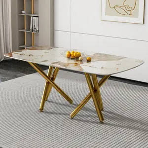 diningtable A modern minimalist rectangular dining table with a 0.39-inch imitation marble tabletop and gold-plated metal legs,for Kitchen Dining Living Meeting Room Banquet hall,1538
