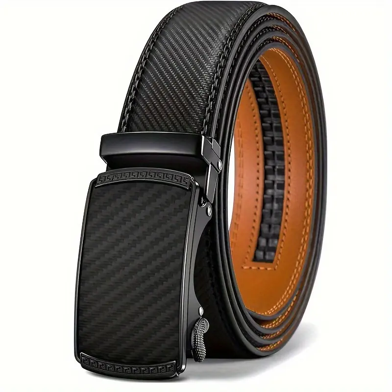 Black men’s leather belt buckle with automatic fastening, belt strap for men, youth-oriented, business-style, automatic fastening, matte finish.