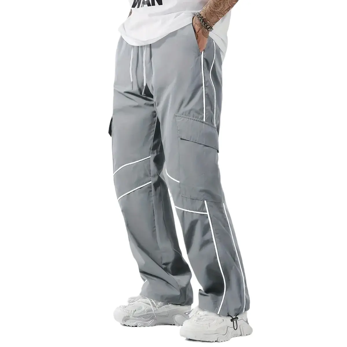 Men's Side Stripe Polyester Cargo Pants - Contemporary Loose-Fit Streetwear Trousers for Casual Wear