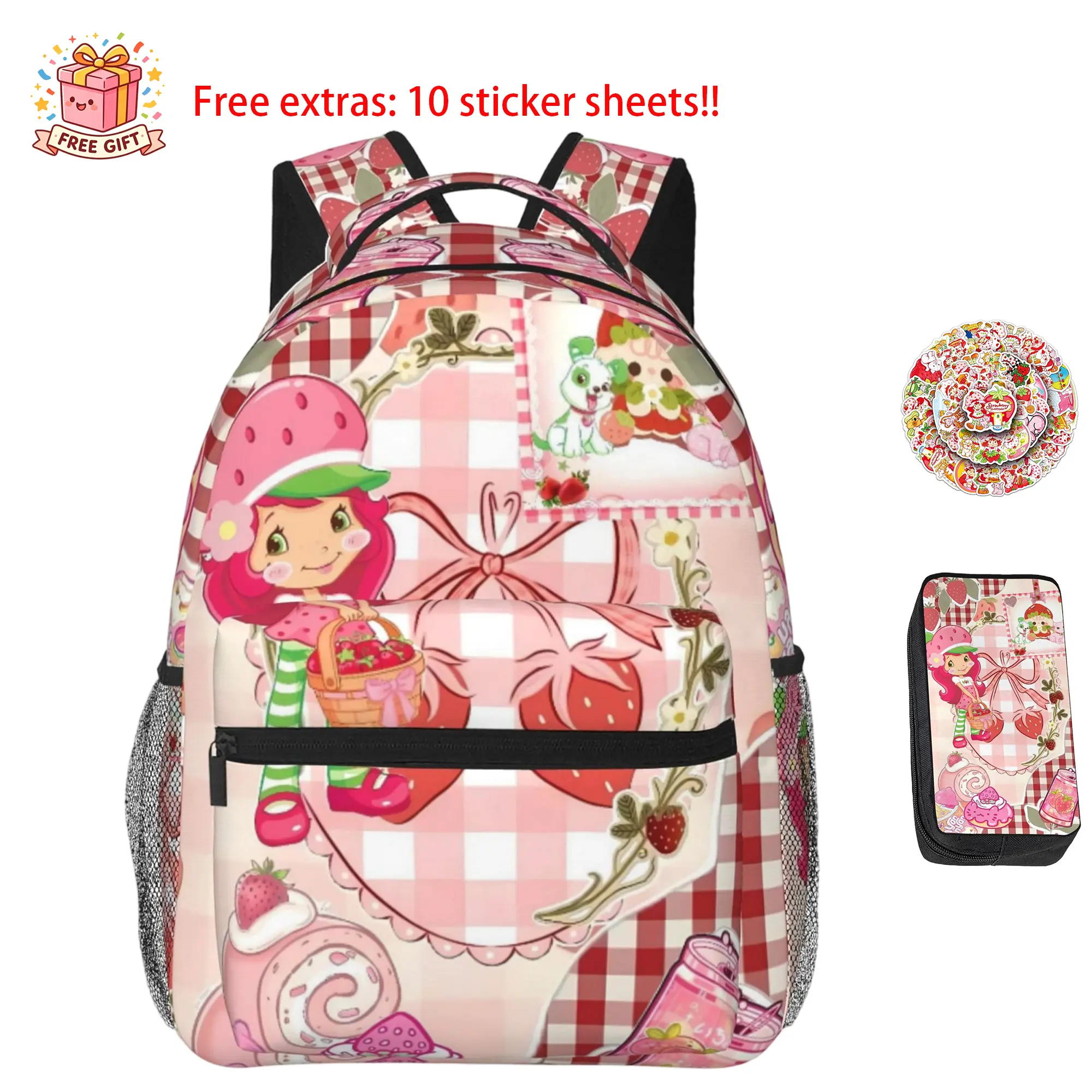 Cute Strawberry Shortcake Backpack with Pencil Case - 17in Laptop Daypack, Lightweight Zipper Thermal Reusable, Front Pocket, Back to School Haul, Camping, Clothes-Carrying Casual Bag, Ideal Gift for Cartoon Fans, Anniversaries, Mesh, Holiday Parties, Pol