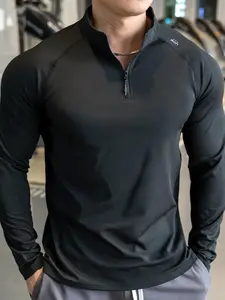 Men's Letter Print Half Zip Up Long Sleeve Tee, Regular Fit Casual Comfy Breathable Quick Drying T-shirt, Gym Athletic Clothes for Gym Workout Hiking Fishing Camping, Men's Top for All Seasons, Sports Tops