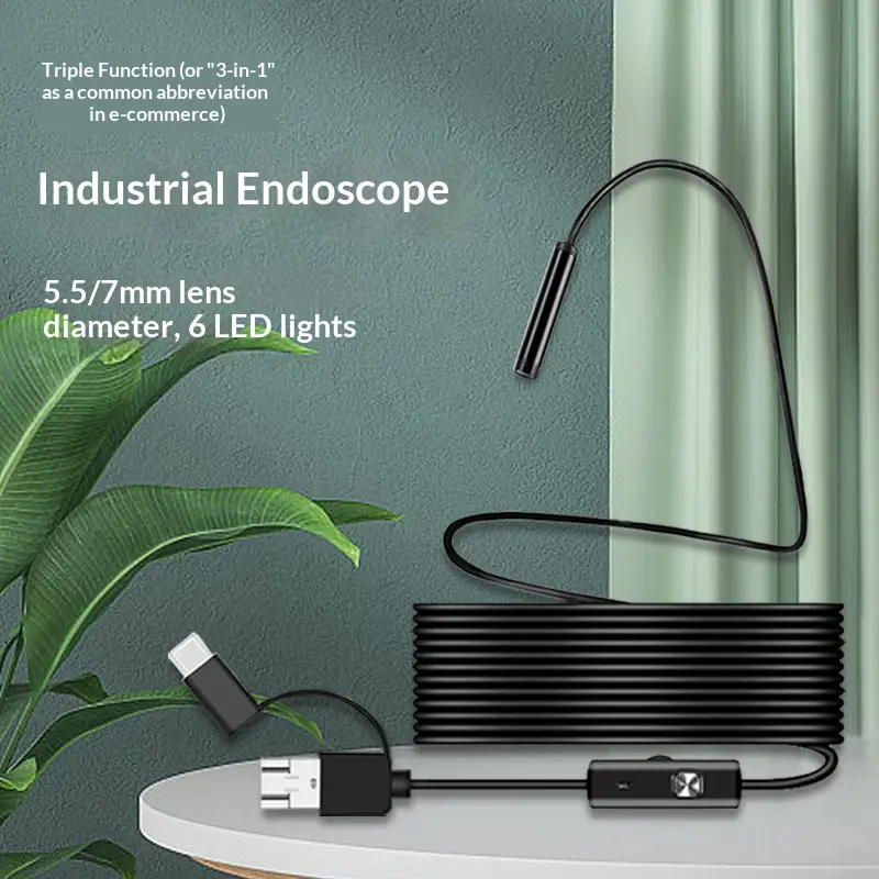 Industrial-Grade 3-in-1 Snake Endoscope with Adjustable Lights, Flexible Tube, Hooks/Magnets for Underwater Pipe Inspection, Automotive Repair