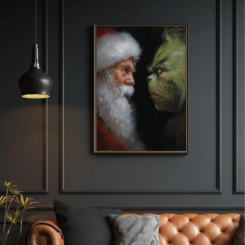 Santa And Grinch Art, Christmas Poster, Funny Wall Art, Festive Wall Art, The Grinch Print, Christmas Vintage Santa Prints, Santa Art