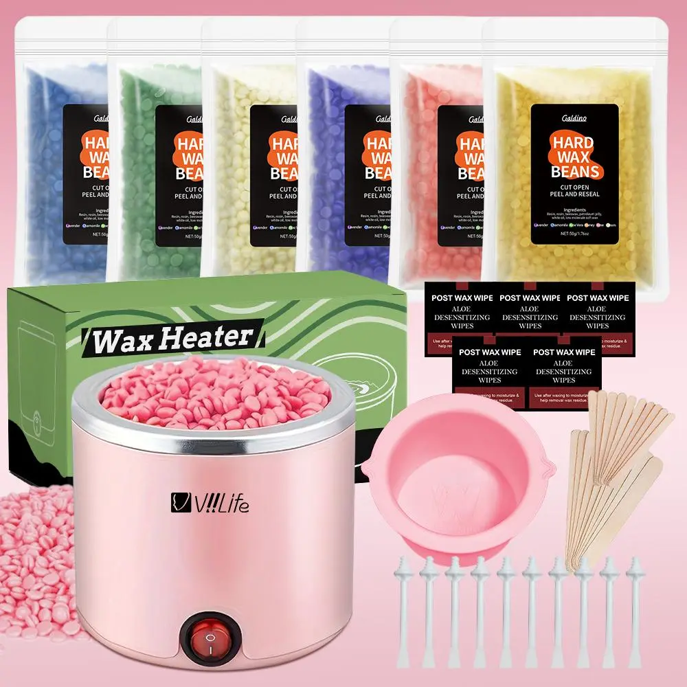 pink waxing hair removal set 200cc, includes wax warm heater, 6 packs wax beans, Hard wax beads, 20 waxing sticks, 5 packs wipes, 10 nasal wax sticks, suitable for home use, European plug, Hard Wax System