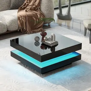 LED Coffee Table, Modern High Gloss Coffee Table with LED Lights, 2-Tier Square Square Center Cocktail Table for Living Room, 31.5"x 31.5" (Black)