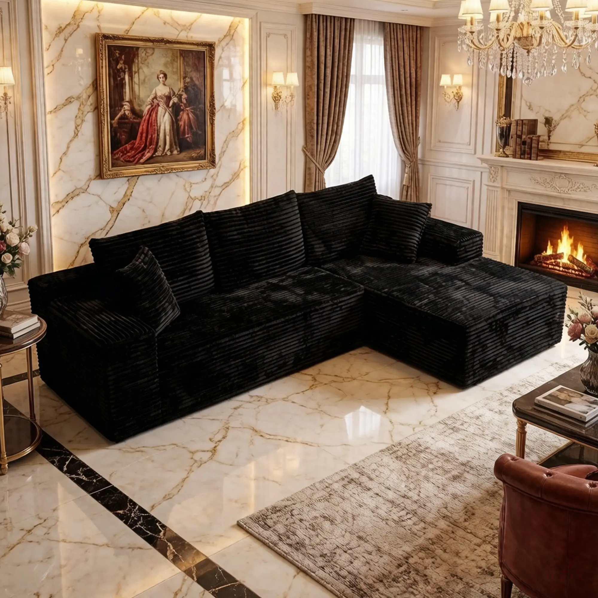 96" L-Shaped Cloud Sectional Couch, Right Facing Modular Compressed Boneless Sectional Sofa with Chaise Lounge, Plush Corduroy Boneless Corner Sofa for Living Room,Black