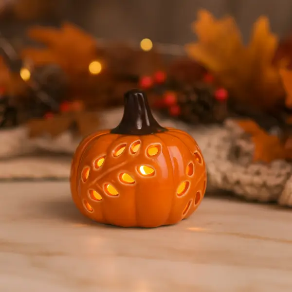 Ceramic Pumpkin LED Light Lantern for Fall Halloween Decor Cozy Autumn Mantel Shelf Table Decoration Ghost Candle Jar Light Up House Seasonal Spooky Home Accent Gift Idea