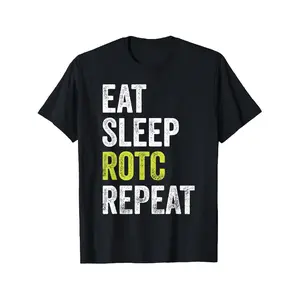 Menswear Short Sleeve Round Neck Top - 100% Cotton Eat Sleep ROTC Repeat T-Shirt, JROTC Uniform Apparel, Casual Streetwear with Bold White & Green Logo Print, Machine Washable for ROTC Cadets