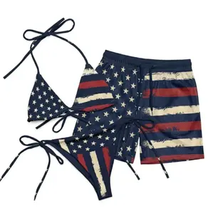 Matching Couple Swimwear Set 4th of July, Distressed USA Flag Stars Stripes Bikini & Mesh Shorts, Gift for Couples