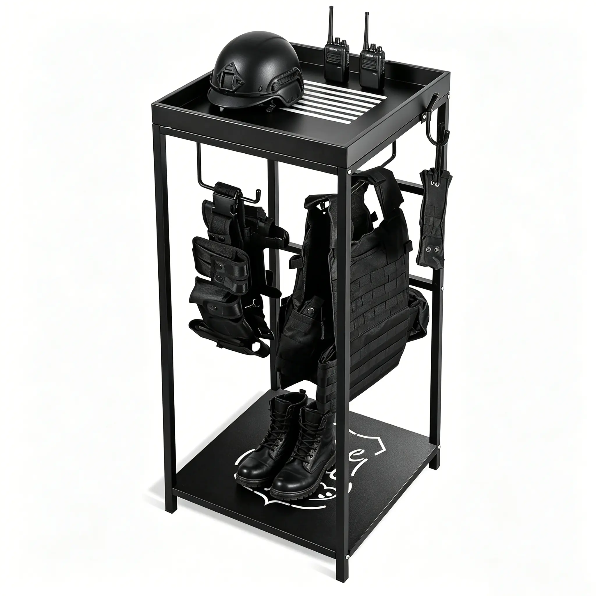 Tactical All-Metal Police Gear Rack, 18.11"d x 18.11"w x 45.28"h Freestanding Equipment Organizer, 50 lb. of Gear Capacity, 4 Hanging Hooks, Corrosion-Proof for Duty Belt, Body Armor, Vest & Boot Storage – Ideal for Office & Garage Use