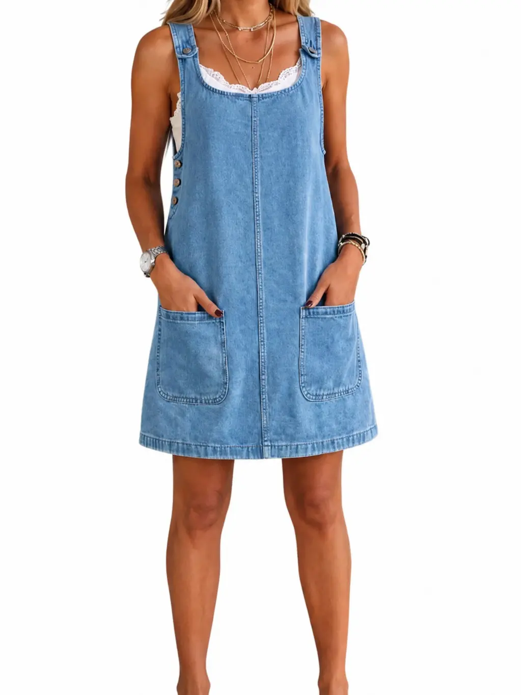 Imily Bela Women's Sleeveless Casual Denim Dress Crewneck Vintage Overall Mini Dress with Pockets