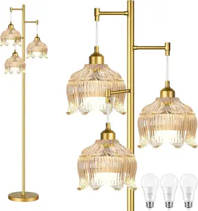 Floor Lamp for Living Room,Bedroom,Mid Century Modern Standing Lamp Brass Tree 3 Light Tall Floor Lamps  Retro Floor Lights Glass  Flower Lamp Shade Farmhouse Boho Bohemian