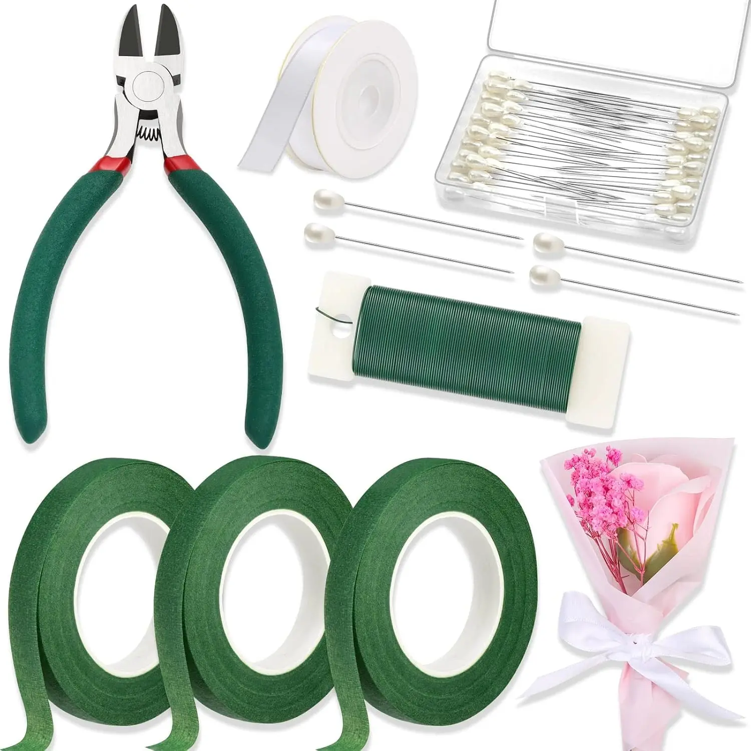 Floral Tape and Wire, Florist Tape and Flower Wire Arrangement Kit with White Ribbon, Boutonniere Pin, Cutter for Bouquets, Crafts, Wreath Making (Dark Green)