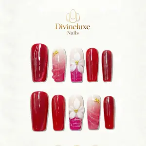Divineluxe Nails｜10PCS 100% Handmade Press-On Nails｜Reusable Colorful Art Acrylic Stylish｜Luxury Red Cat Eye Floral｜D164 1.2 Inch